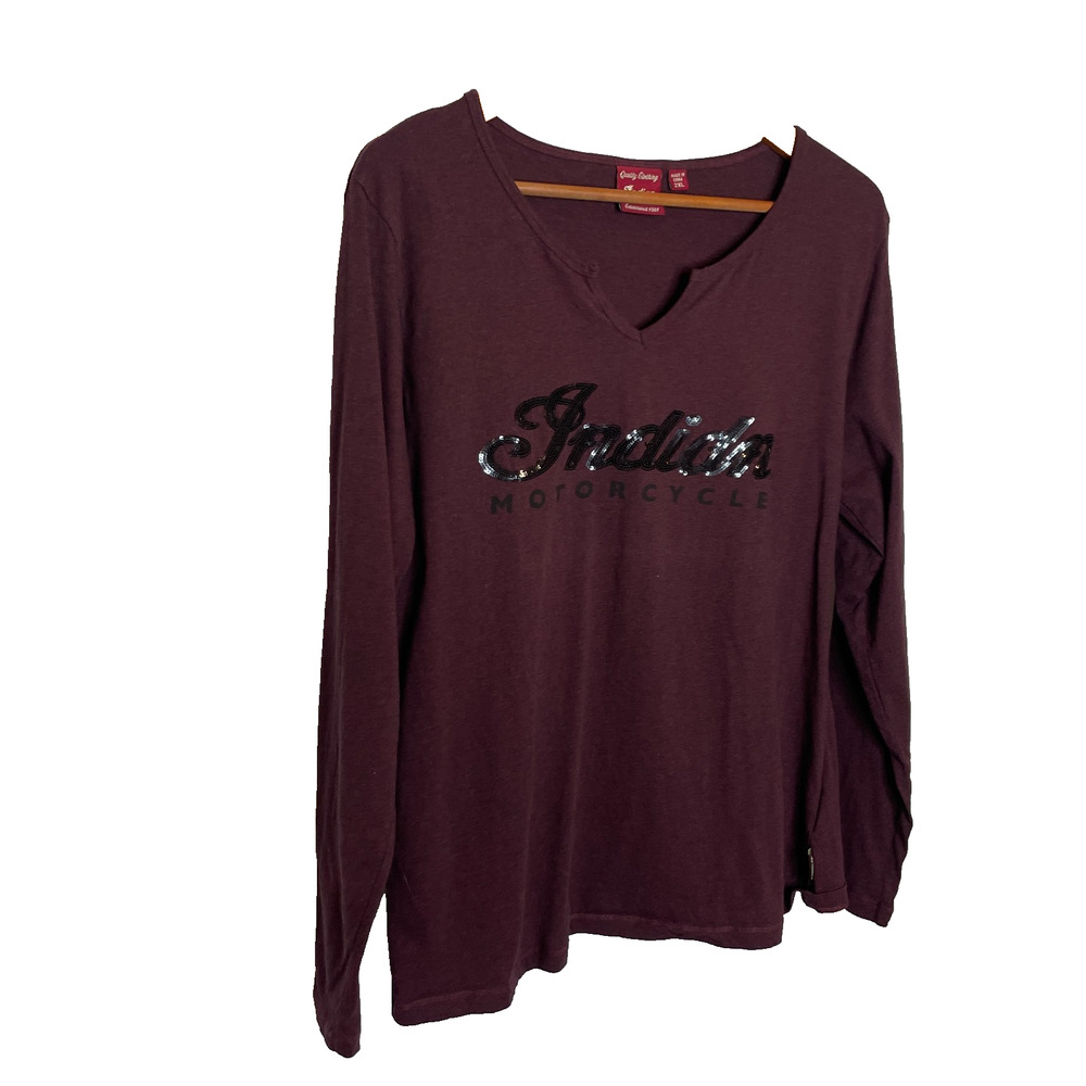 Women's 2XL Indian Motorcycle Burgundy Sequin Long Sleeve Cotton V-Neck T-Shirt